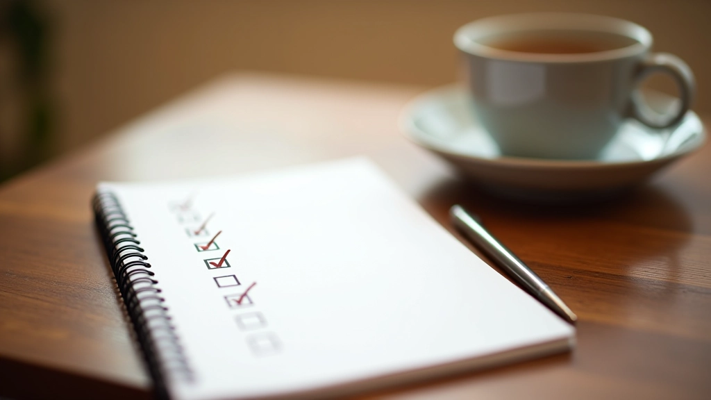 Carnet avec des listes de contrôle cochées, stylo posé dessus, tasse de thé chaud à proximité