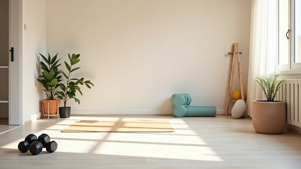 Espace fitness à domicile avec équipement sportif organisé, tapis de yoga et haltères, pièce lumineuse et rangée