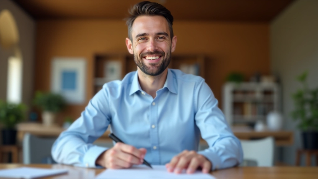 Personne cochant des cases sur une liste de contrôle avec satisfaction, stylo bleu à la main, sourire confiant, bureau lumineux
