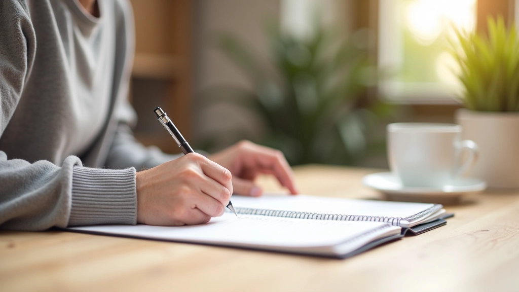 Personne écrivant une liste de contrôle détaillée dans un carnet blanc, trois sections clairement séparées, bureau bien organisé