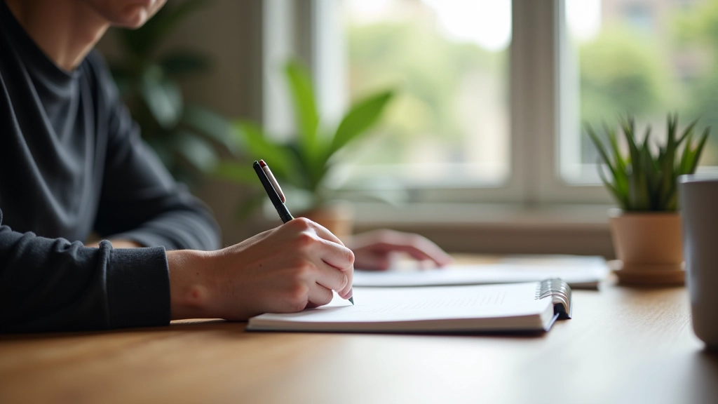 Personne prenant des notes dans un carnet avec un stylo, bureau organisé avec des plantes vertes en arrière-plan