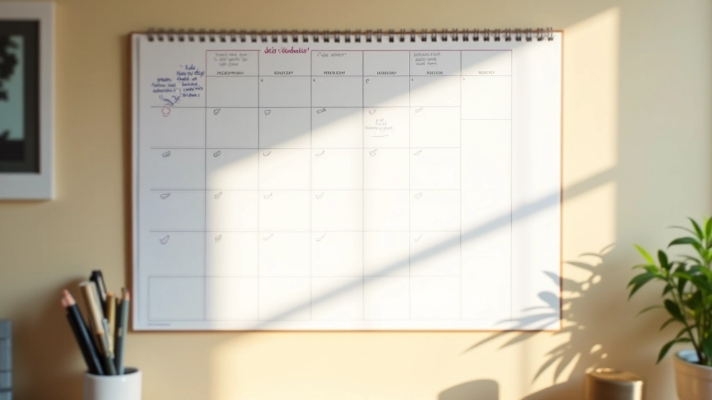 Calendrier mural avec des croix et des notes motivantes, suivi d'une routine sportive sur plusieurs semaines