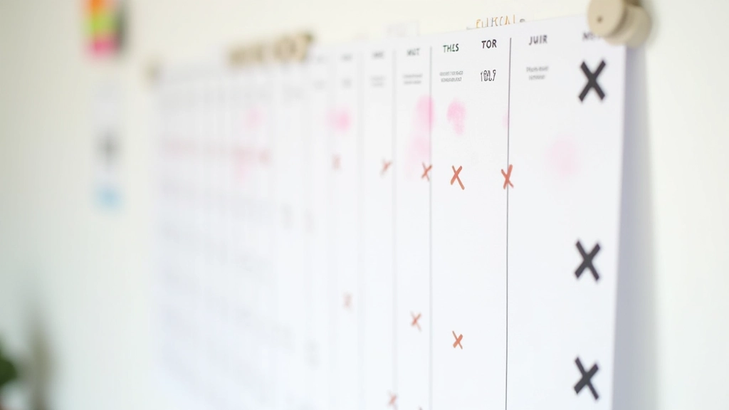 Calendrier mural avec des X marqués sur chaque jour réussi, démontrant la chaîne de succès, marqueurs colorés, mur blanc épuré