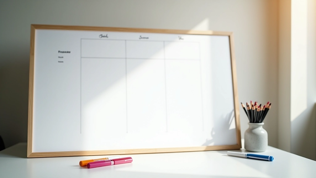 Tableau blanc avec un calendrier divisé en cases représentant les tâches quotidiennes, marqueurs colorés