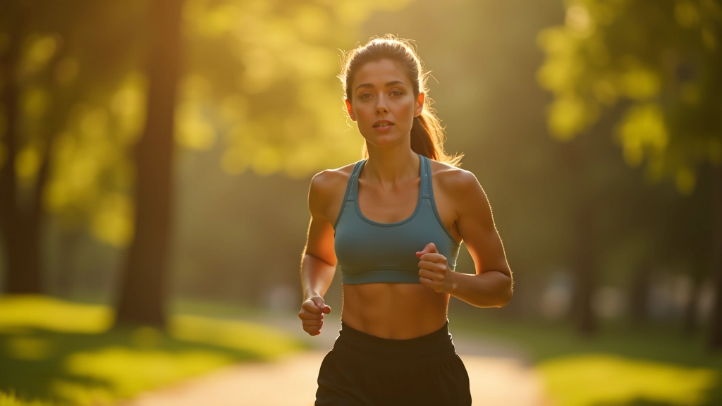 Personne faisant du jogging dans un parc à Marseille, vêtue de vêtements de sport, matin ensoleillé
